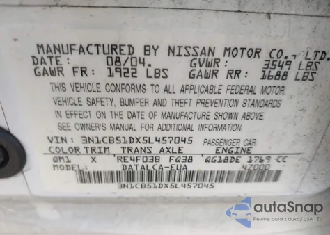 2005 Nissan Sentra 1.8 из США, поврежденный, VIN 3N1CB51DX5L457045